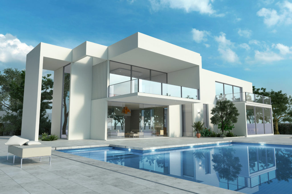 3D rendering of an impressive white modern house with pool