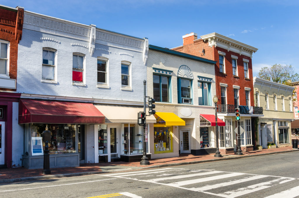 Traditional American Brick Buildings with Colourful Shops